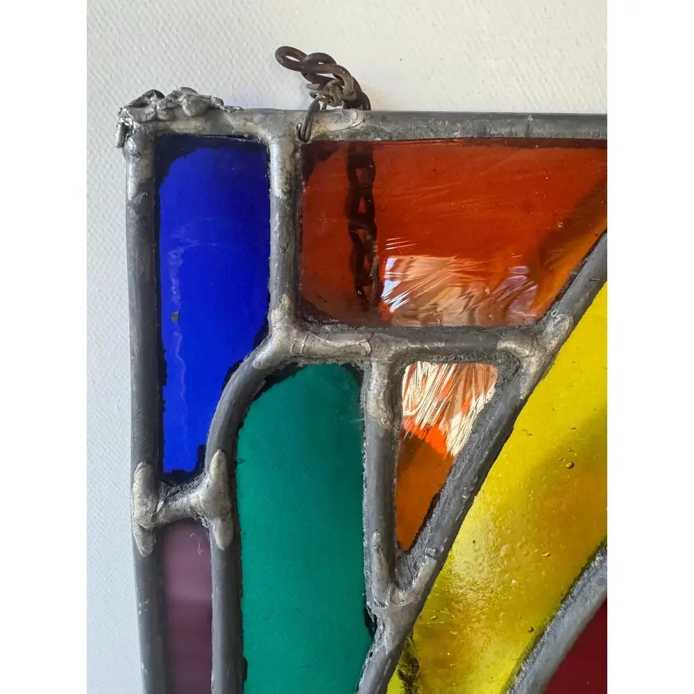 Vintage Leaded Stained Glass Window Panel Art Deco Style Geometric Hanging